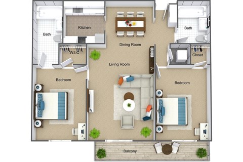 A floor plan of a house with two bedrooms, a living room, a kitchen, a bathroom, a dining room, and a balcony.